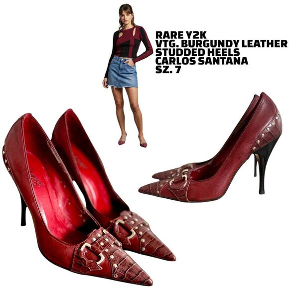 RARE Y2K VTG. BURGUNDY STUDDED BUCKLE CARLOS PUMPS SZ. 7 - Picture 1 of 8